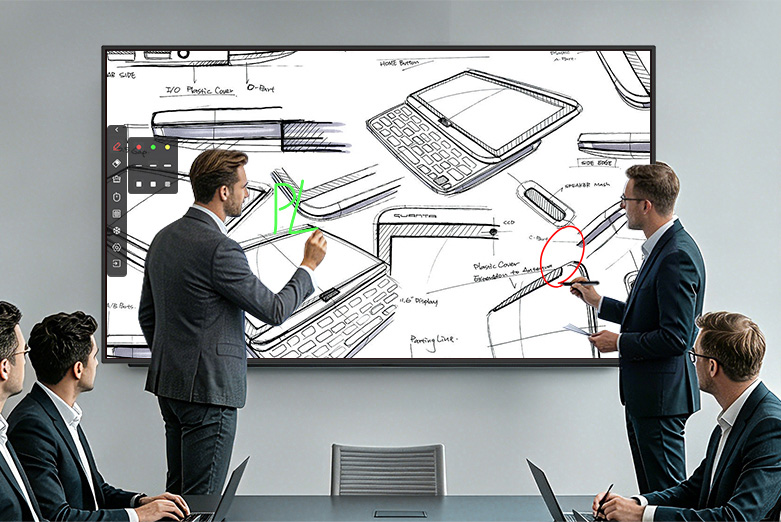 Professional team using PRIMA SK6C interactive flat panel for business meetings
